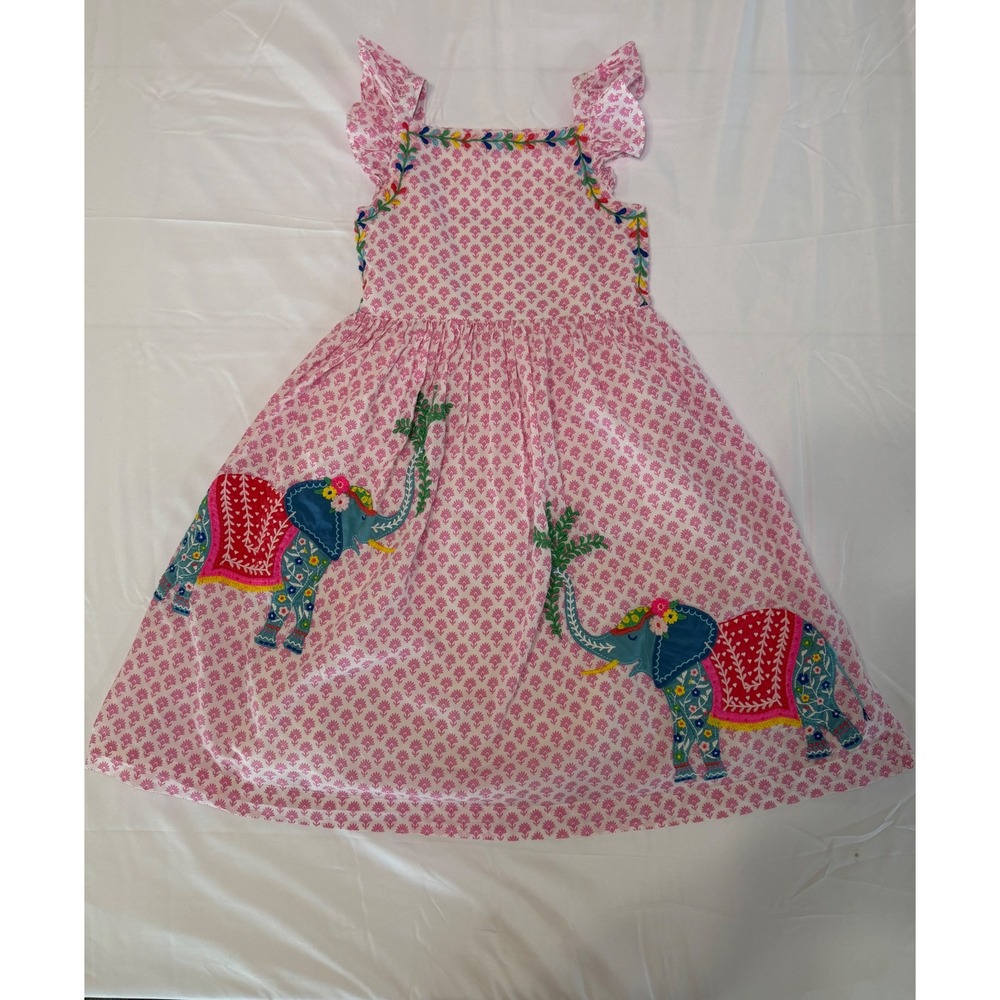 Mini Boden Embroidered Elephant Sundress Pink 6-7 Boho Summer Party Ruffle Dress